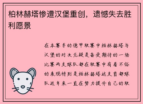 柏林赫塔惨遭汉堡重创，遗憾失去胜利愿景