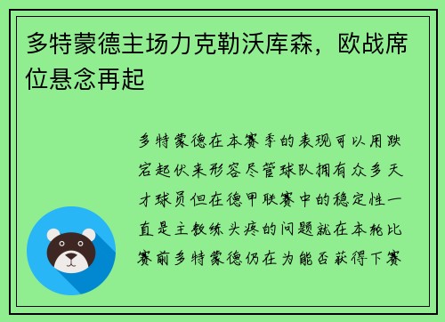 多特蒙德主场力克勒沃库森，欧战席位悬念再起
