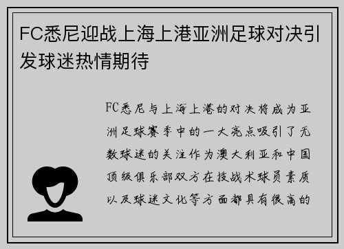FC悉尼迎战上海上港亚洲足球对决引发球迷热情期待