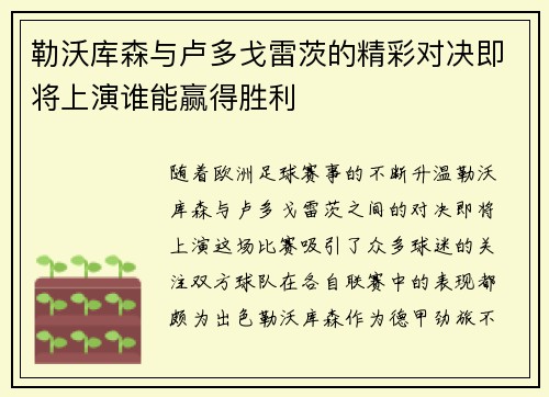 勒沃库森与卢多戈雷茨的精彩对决即将上演谁能赢得胜利